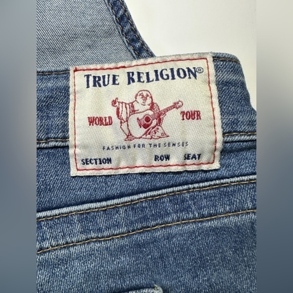 True Religion Denim Overall Shorts Raw Hem Adjustable Straps Side Buttons Large - Picture 8 of 13
